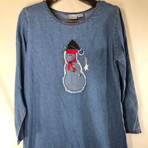 Bleu Bayou Women Medium Dress Snowman Blue Denim Jean Embroidered Cotton